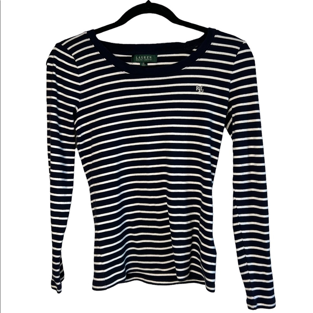 LAUREN RALPH LAUREN | Navy and White Stripes Long Sleeves T-Shirt Tee - XS